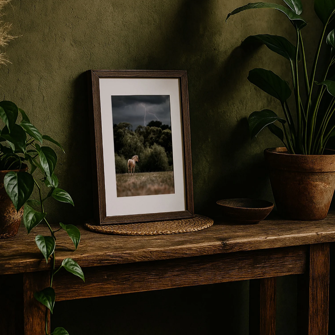 Gerahmter Fine Art Print mit Pferdemotiv und Gewitterhimmel, dekorativ auf einer Holzkonsolen mit grünen Pflanzen inszeniert.